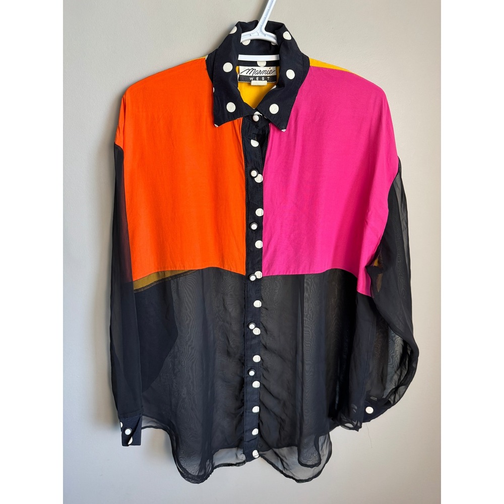 Marnie West Womens Multicolor Colorblock Sheer Blouse L Vintage Retro 80s 90s